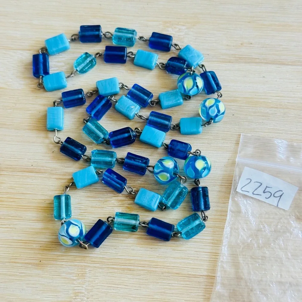 VTG BOHO Necklace Blue Art‎ Glass Beads Lampwork Strand Statement 70s Retro 26